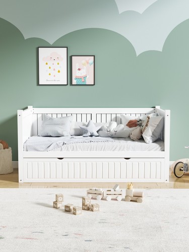 White wooden trundle bed - white,